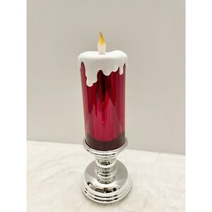 13" Illuminated Glitter CHRISTMAS HOLIDAY Pedestal Candle Flameless Red Silver